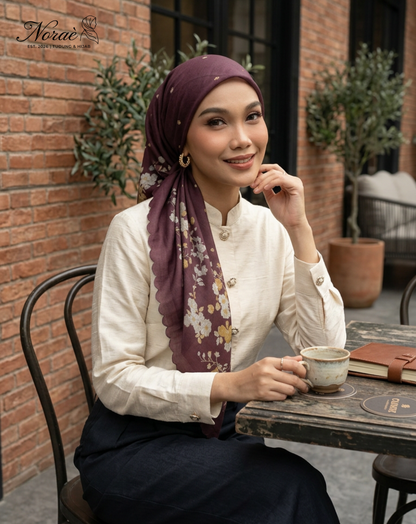 TUDUNG BAWAL PRINTED BIDANG 48 Cotton Voile Flower Leaf Design
