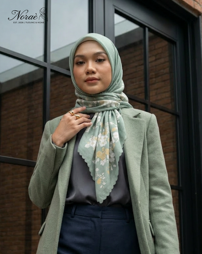 TUDUNG BAWAL PRINTED BIDANG 48 Cotton Voile Flower Leaf Design