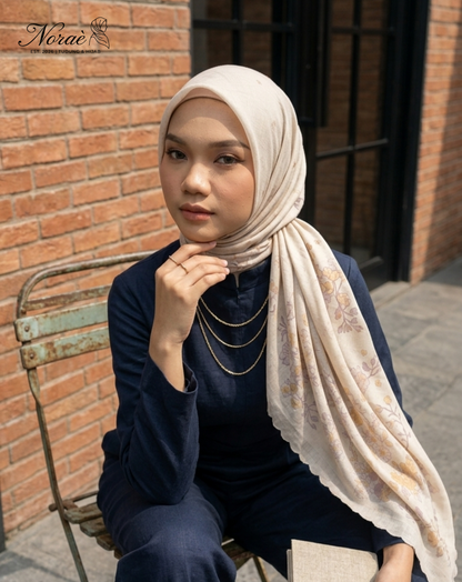 TUDUNG BAWAL PRINTED BIDANG 48 Cotton Voile Flower Leaf Design