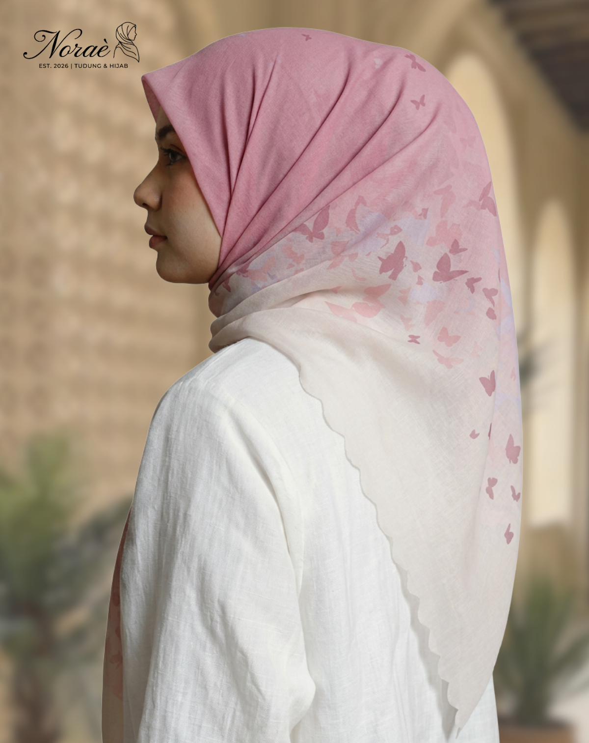 TUDUNG BAWAL PRINTED BIDANG 48 Cotton Voile Gradient Butterfly Design