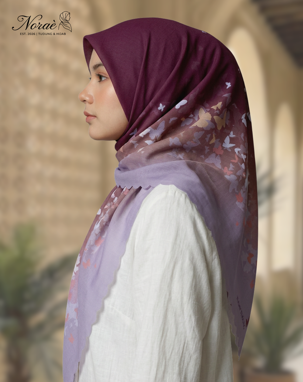 TUDUNG BAWAL PRINTED BIDANG 48 Cotton Voile Gradient Butterfly Design