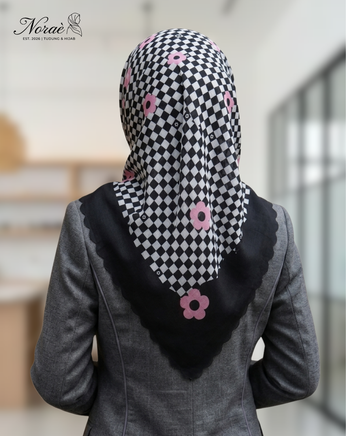 TUDUNG BAWAL PRINTED BIDANG 48 Cotton Voile Grid Flower Design