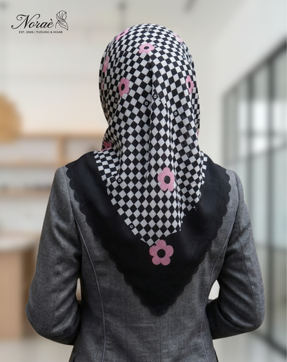 TUDUNG BAWAL PRINTED BIDANG 48 Cotton Voile Grid Flower Design