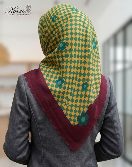 TUDUNG BAWAL PRINTED BIDANG 48 Cotton Voile Grid Flower Design