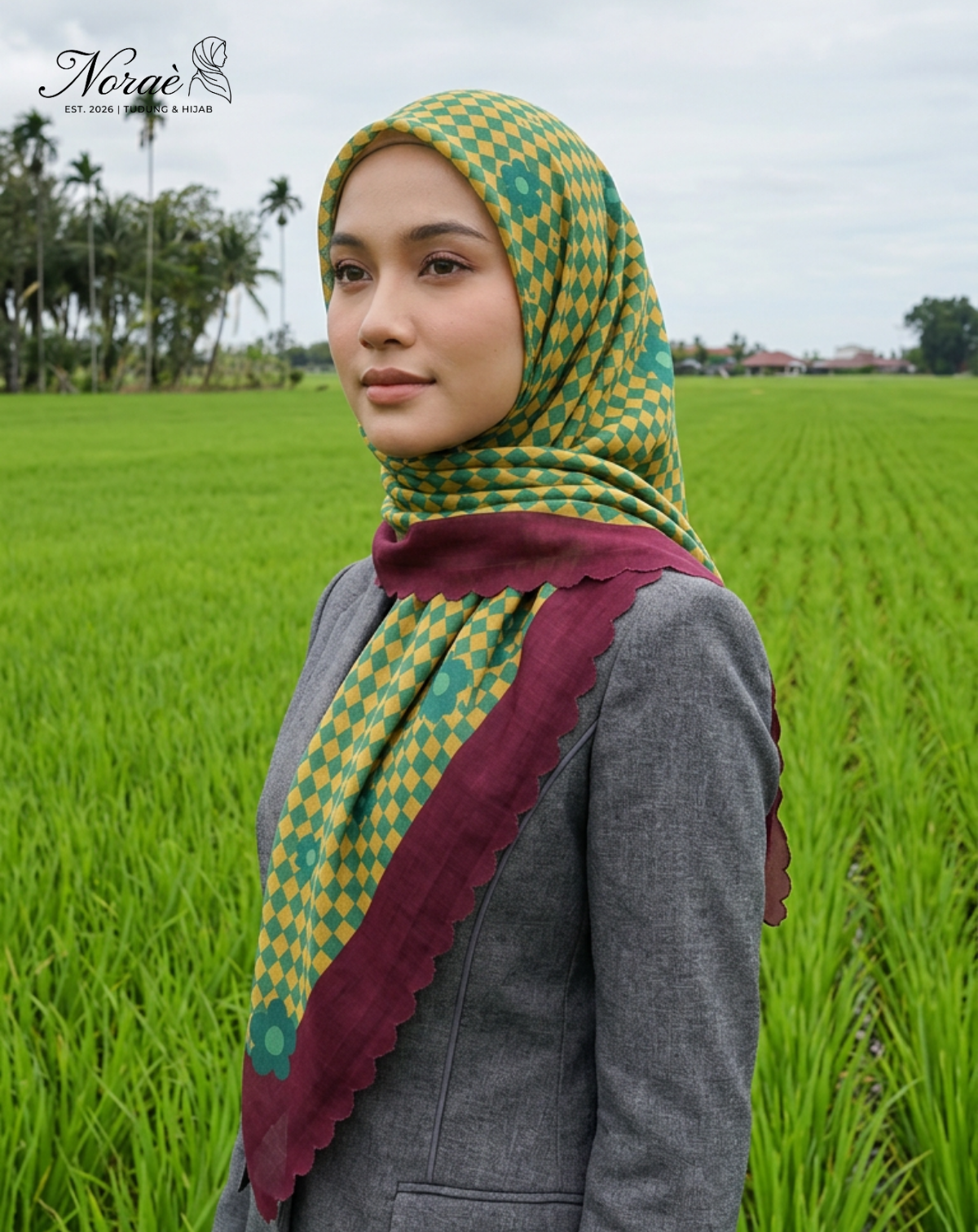 TUDUNG BAWAL PRINTED BIDANG 48 Cotton Voile Grid Flower Design