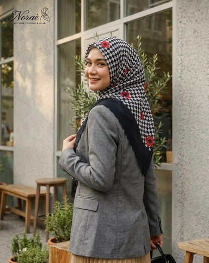 TUDUNG BAWAL PRINTED BIDANG 48 Cotton Voile Grid Flower Design