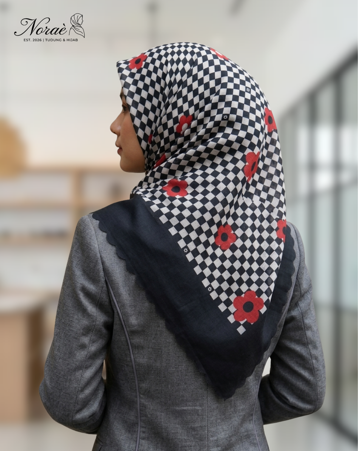 TUDUNG BAWAL PRINTED BIDANG 48 Cotton Voile Grid Flower Design