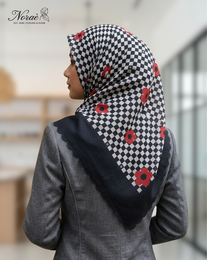 TUDUNG BAWAL PRINTED BIDANG 48 Cotton Voile Grid Flower Design