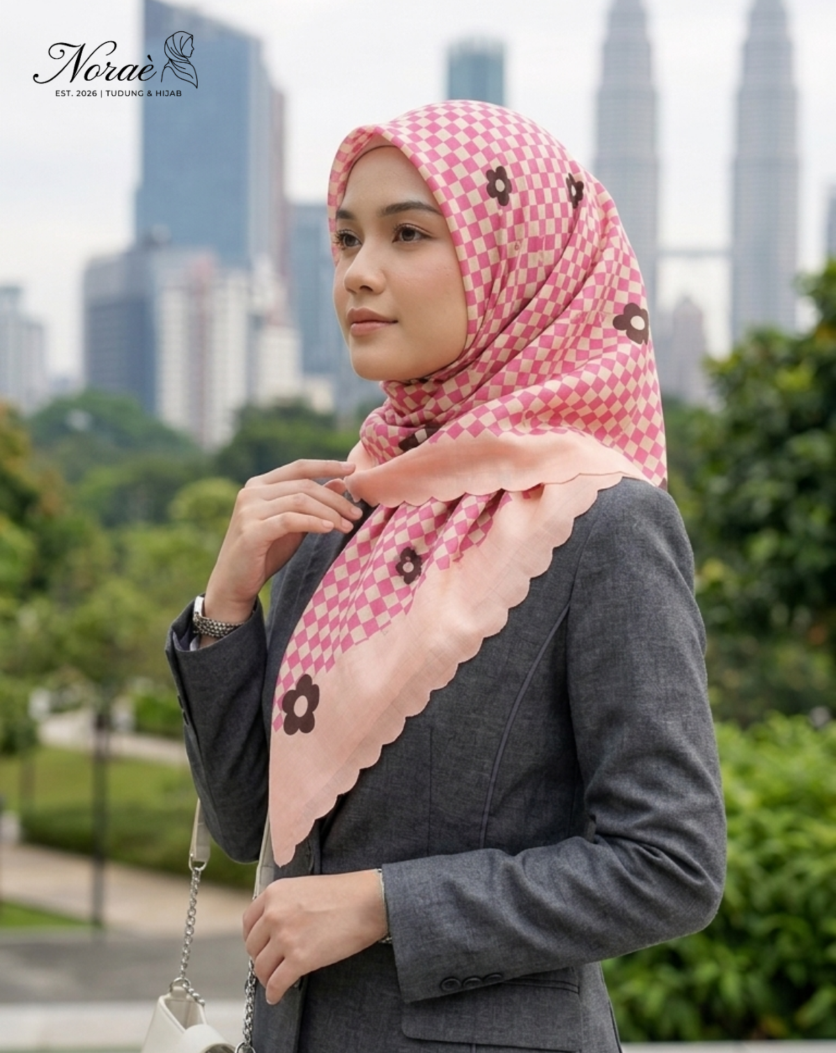 TUDUNG BAWAL PRINTED BIDANG 48 Cotton Voile Grid Flower Design