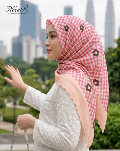 TUDUNG BAWAL PRINTED BIDANG 48 Cotton Voile Grid Flower Design