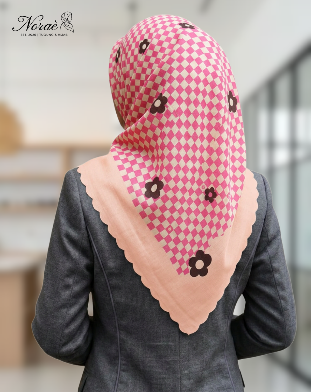 TUDUNG BAWAL PRINTED BIDANG 48 Cotton Voile Grid Flower Design
