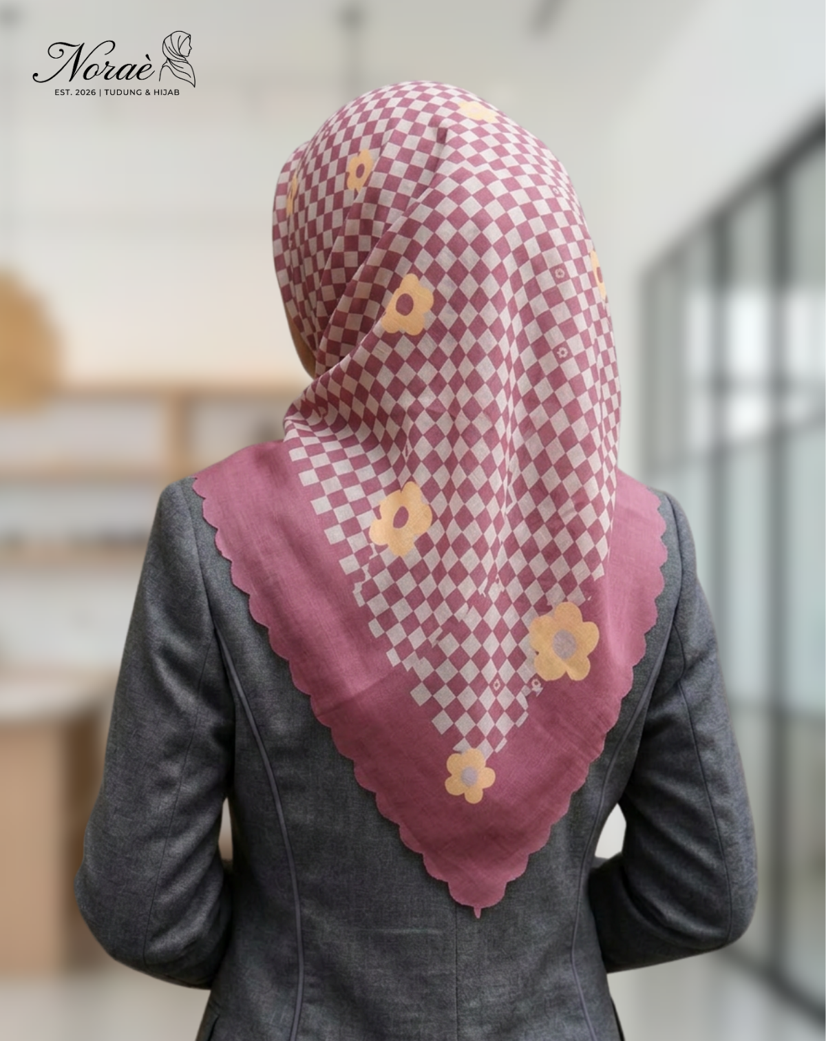 TUDUNG BAWAL PRINTED BIDANG 48 Cotton Voile Grid Flower Design