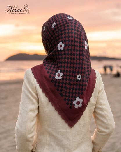 TUDUNG BAWAL PRINTED BIDANG 48 Cotton Voile Grid Flower Design