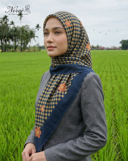TUDUNG BAWAL PRINTED BIDANG 48 Cotton Voile Grid Flower Design