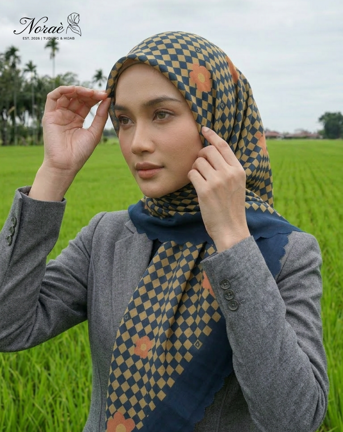 TUDUNG BAWAL PRINTED BIDANG 48 Cotton Voile Grid Flower Design